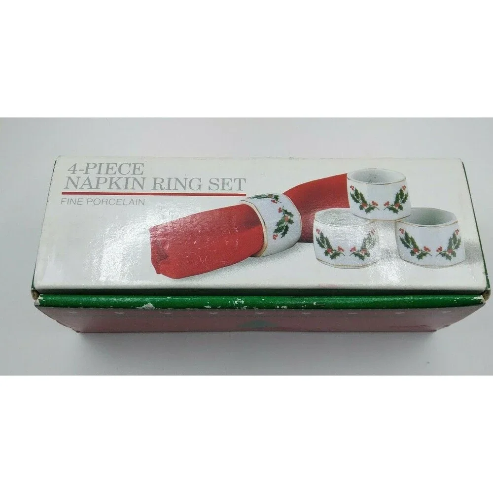 Napkin Ring Set Christmas Japan Porcelain Holly Berry Leaves Hand Decorated